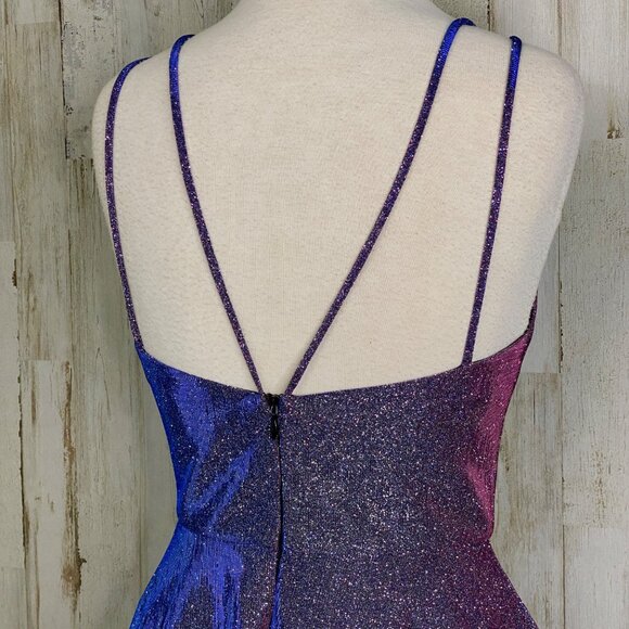 Xscape Purple Blue Glittery Multichrome V-Neck Fit & Flare Mini Dress Sz 4 NEW - Picture 5 of 11